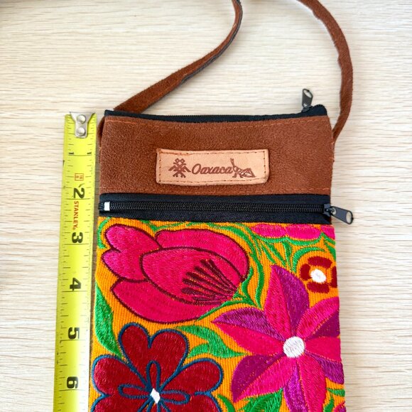 Embroidered Floral Authentic Mexican Oaxaca Crossbody Small Purse Leather New - Picture 2 of 5